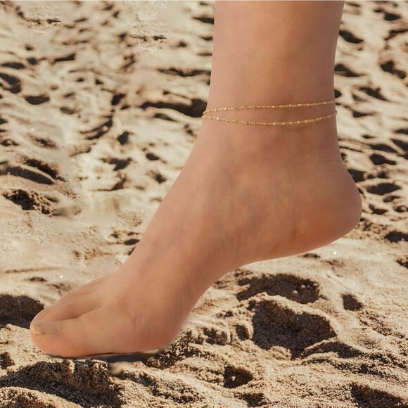 ❤️Women Gold  Dainty Foot Jewelry  Square Dot Chain Anklet  Charm  Chain Jewelry - Picture 2 of 6